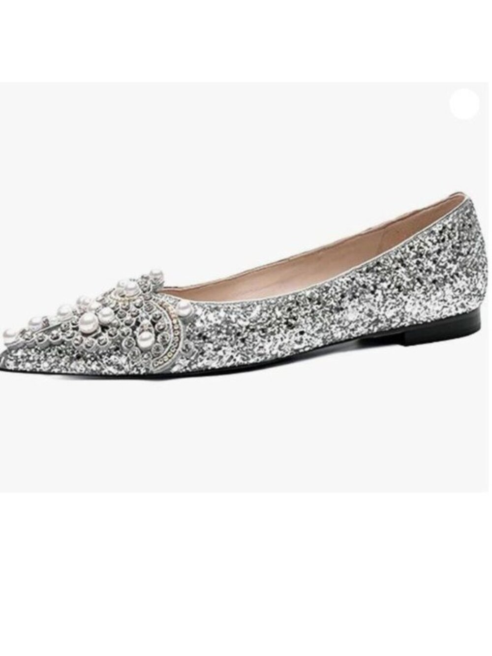 XYD Women's Sense of Luxury Pointed Toe Jewelry Pearl Studs Slip On White Silver